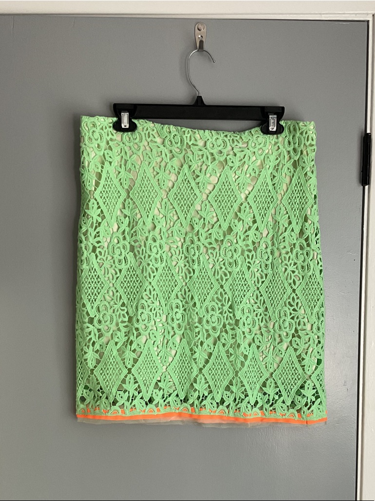 Elie Tahari Neon Mint Lace Mini Skirt With Orange Trim